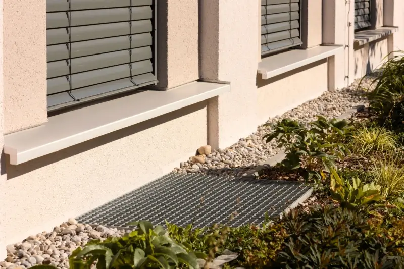 French drain system against a house wall.