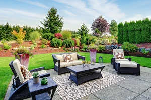Backyard patio, lush green lawn, and plants and shrubs along yard's perimeter.