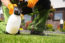 The Grounds Guys service professional spraying fertilizer on grass.