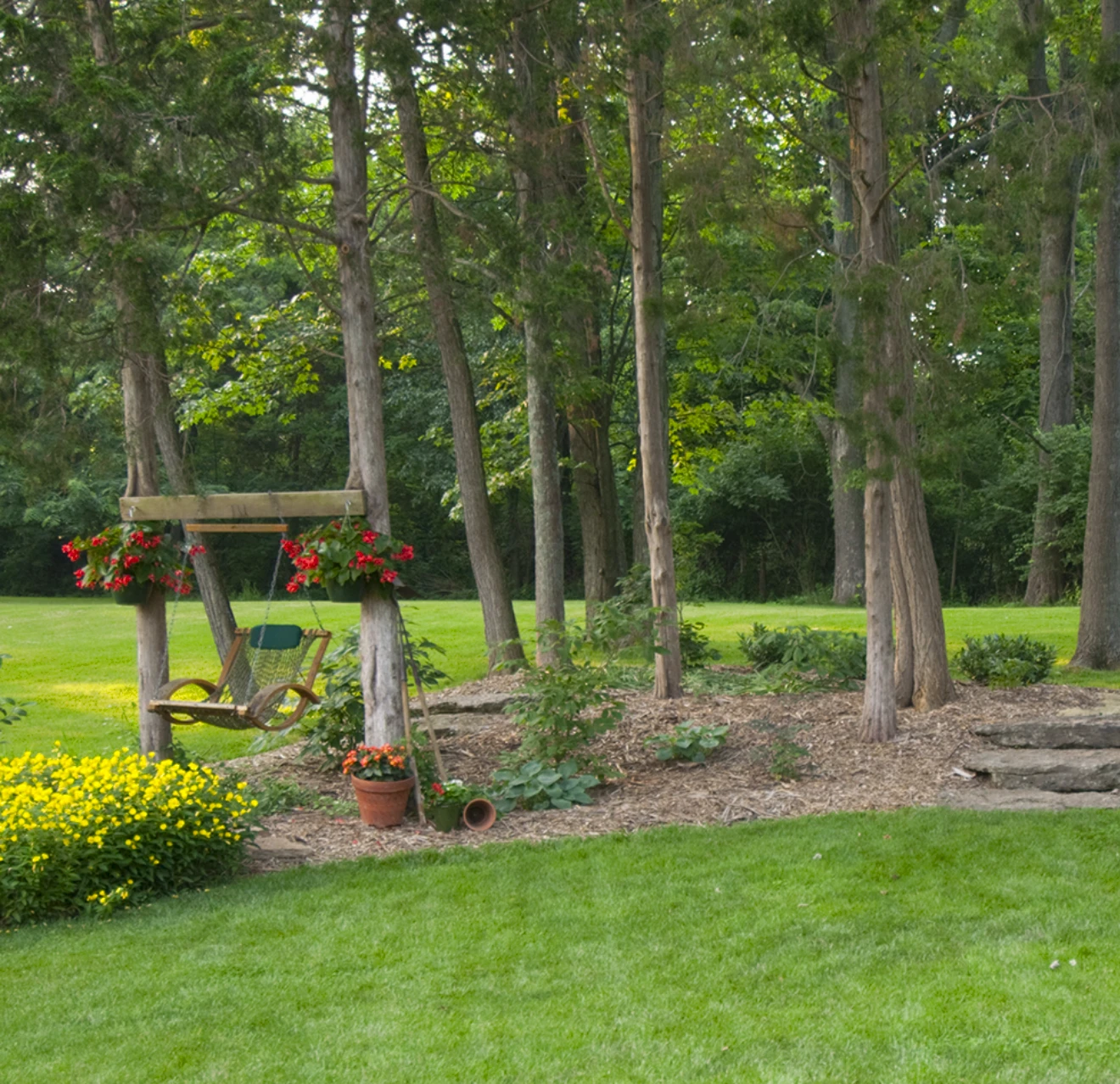 A mulch bed with trees, plants, yellow flowers, and a wooden swing in a large outdoor space.