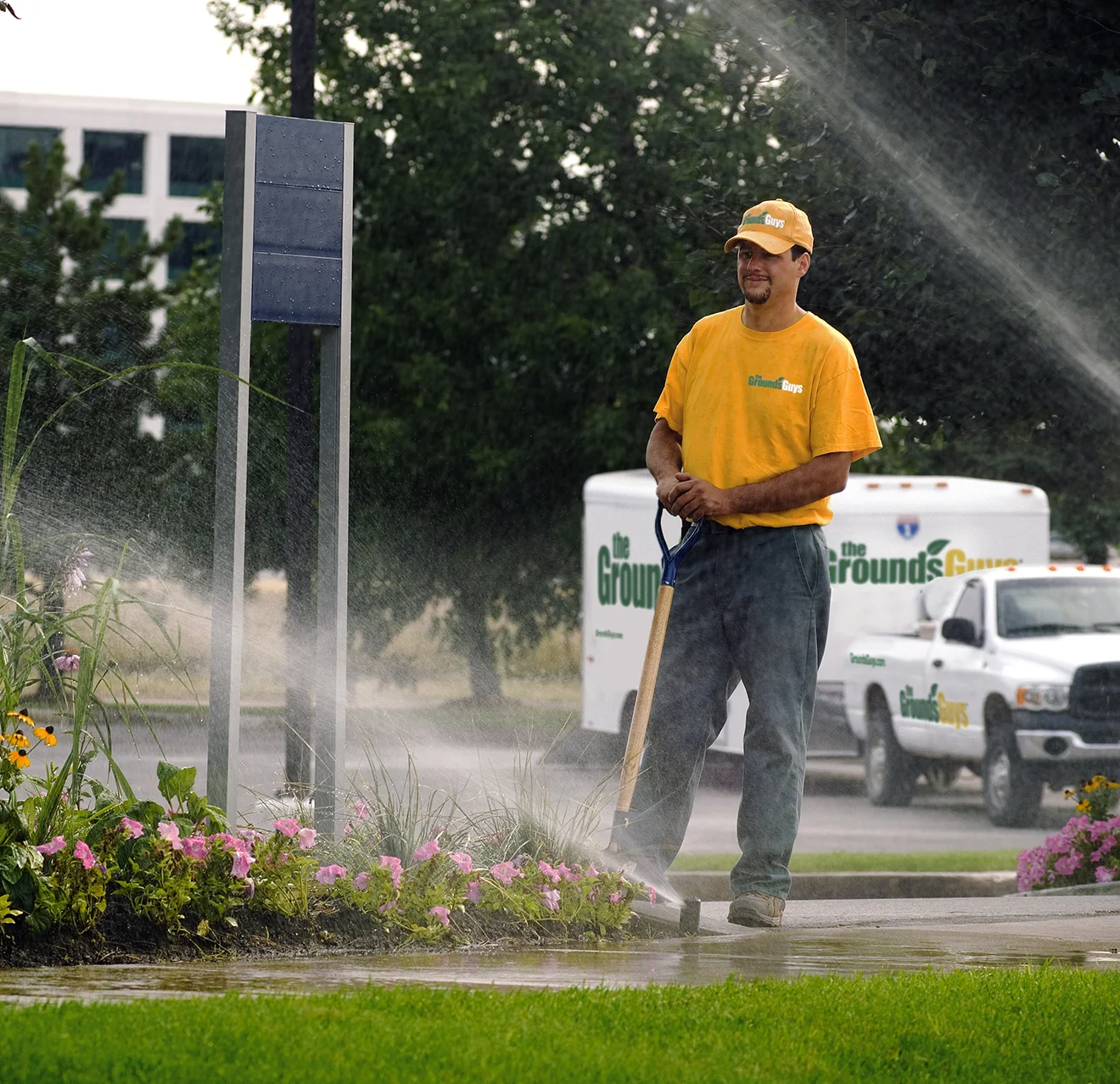 The Grounds Guys service professional monitoring sprinklers spraying water on a lawn.