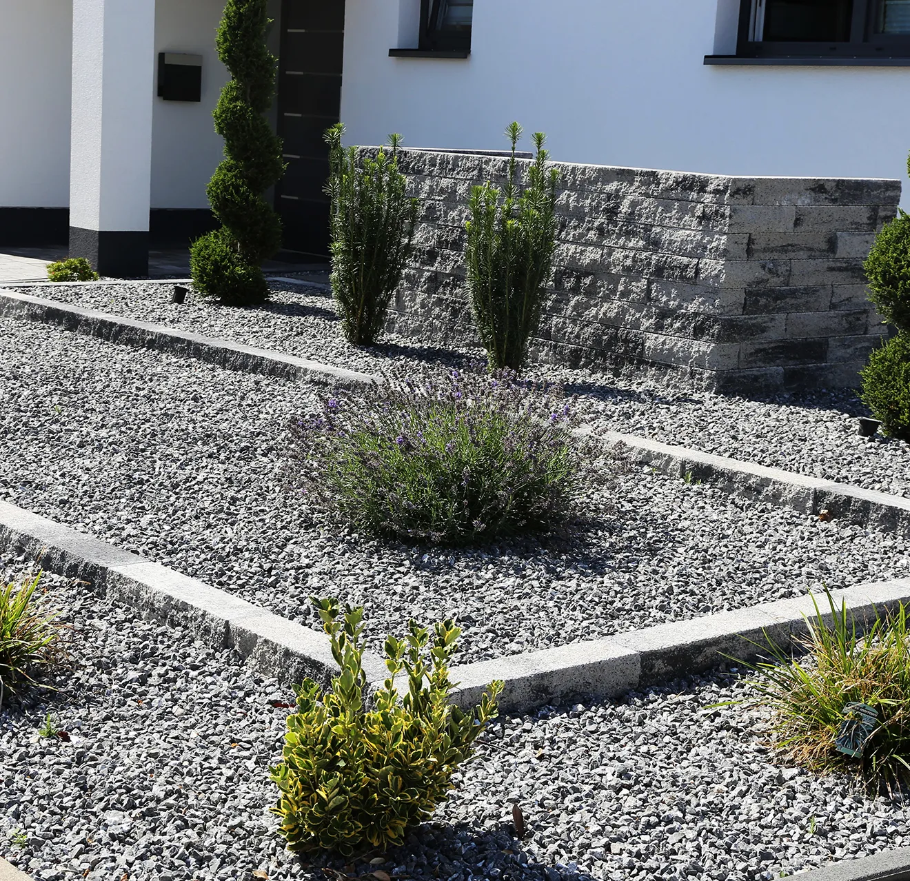 Decorative gravel and plants installed outside a home.