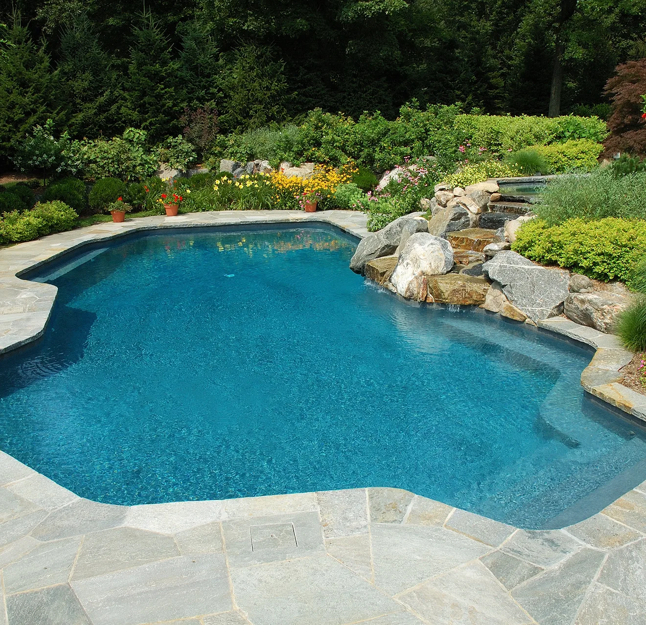 A freeform-shaped inground pool with rock waterfall, framed by lush landscaping.