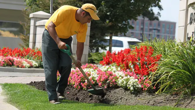 The Grounds Guys service professional tending to a flower bed.