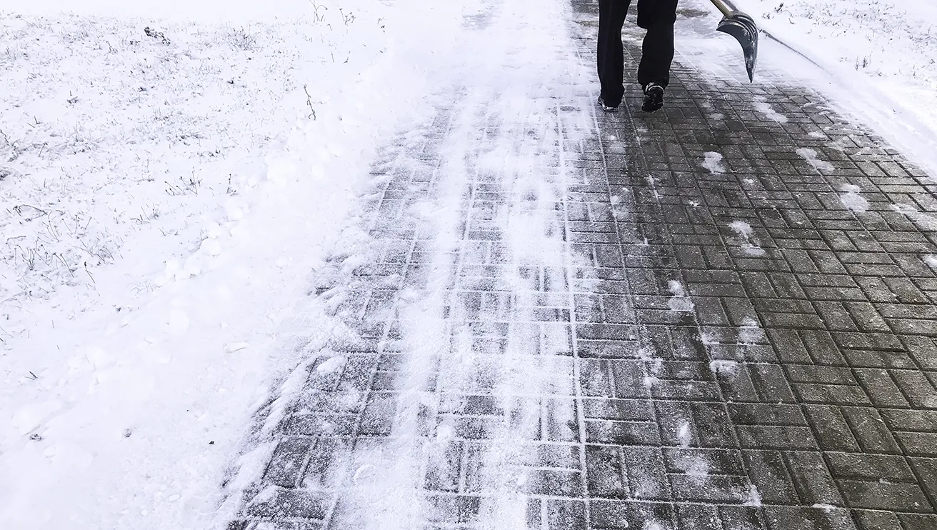 The Grounds Guys service professional with shovel, on a path cleared of snow.