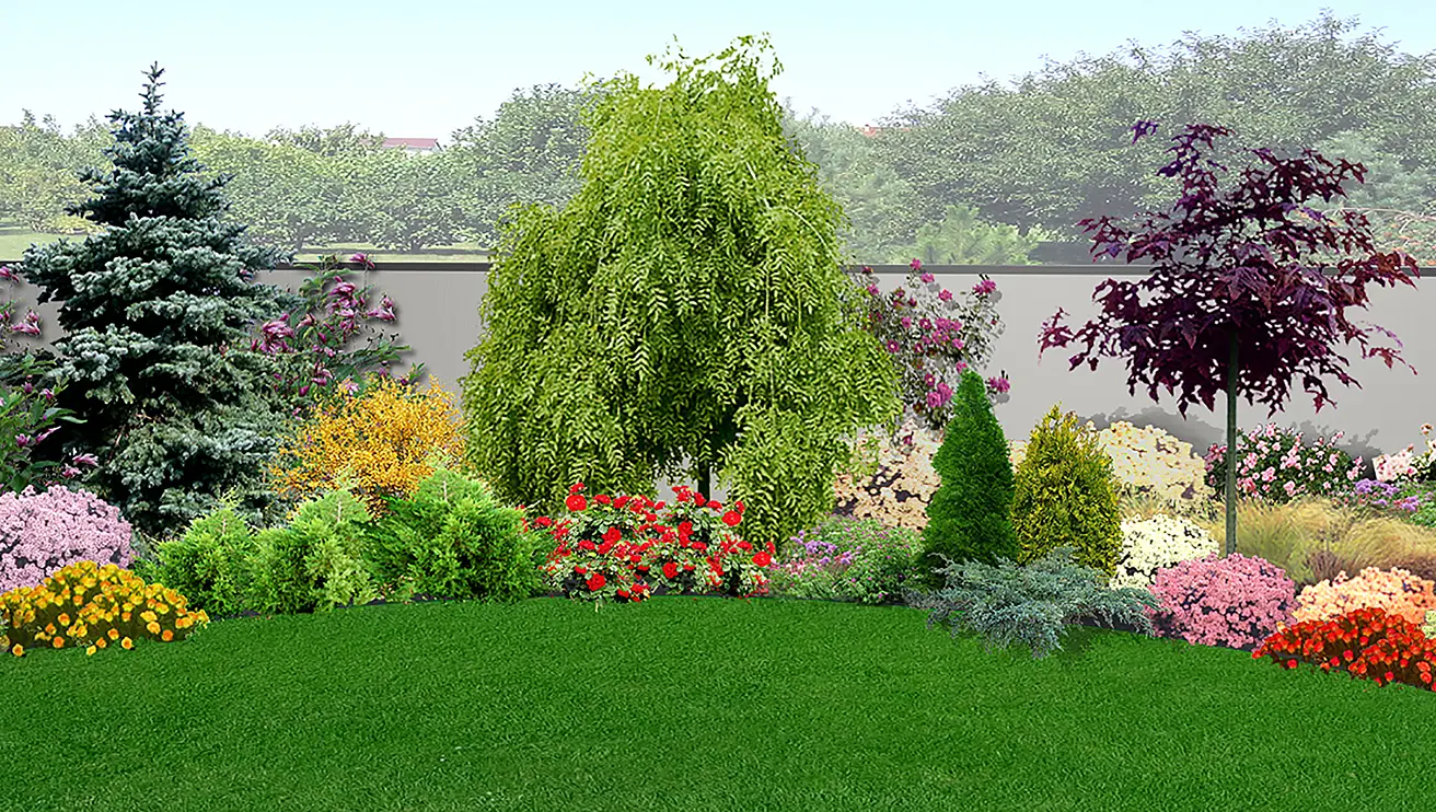 A row of trees and a variety of colorful flowers against a wall.