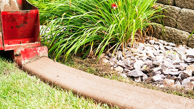 A concrete landscape edge being created to enclose a plant bed.