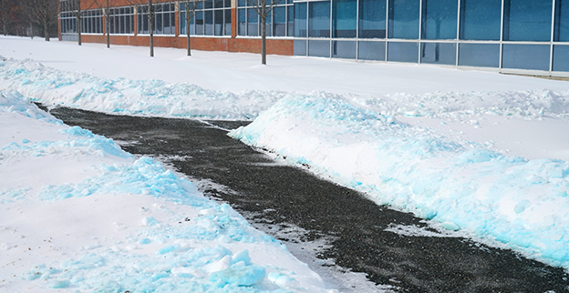 Snow cleared from the path along an office building.