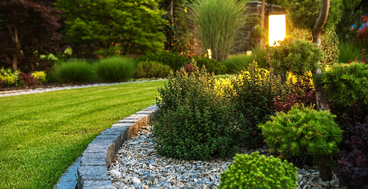 A well-landscaped flower bed with small shrubs, plants, and decorative lighting.