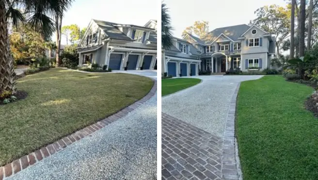 At left, a residential front yard with pale green grass; at right, the same yard after grass painting, with bright green grass.