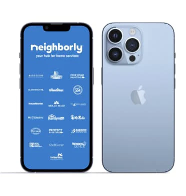 Front and back view of a mobile phone, with the front view displaying Neighborly app content.