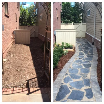 Before and after photo of side yard and stone walkway with fence, mulch and shrubs