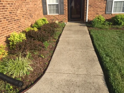 Home walkway with mulch and bushes on the left and grass lawn on the right.