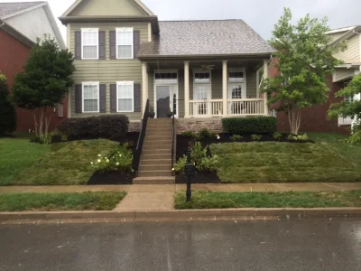 Lawn in front of house with short hedges, trees, and rose bushes.