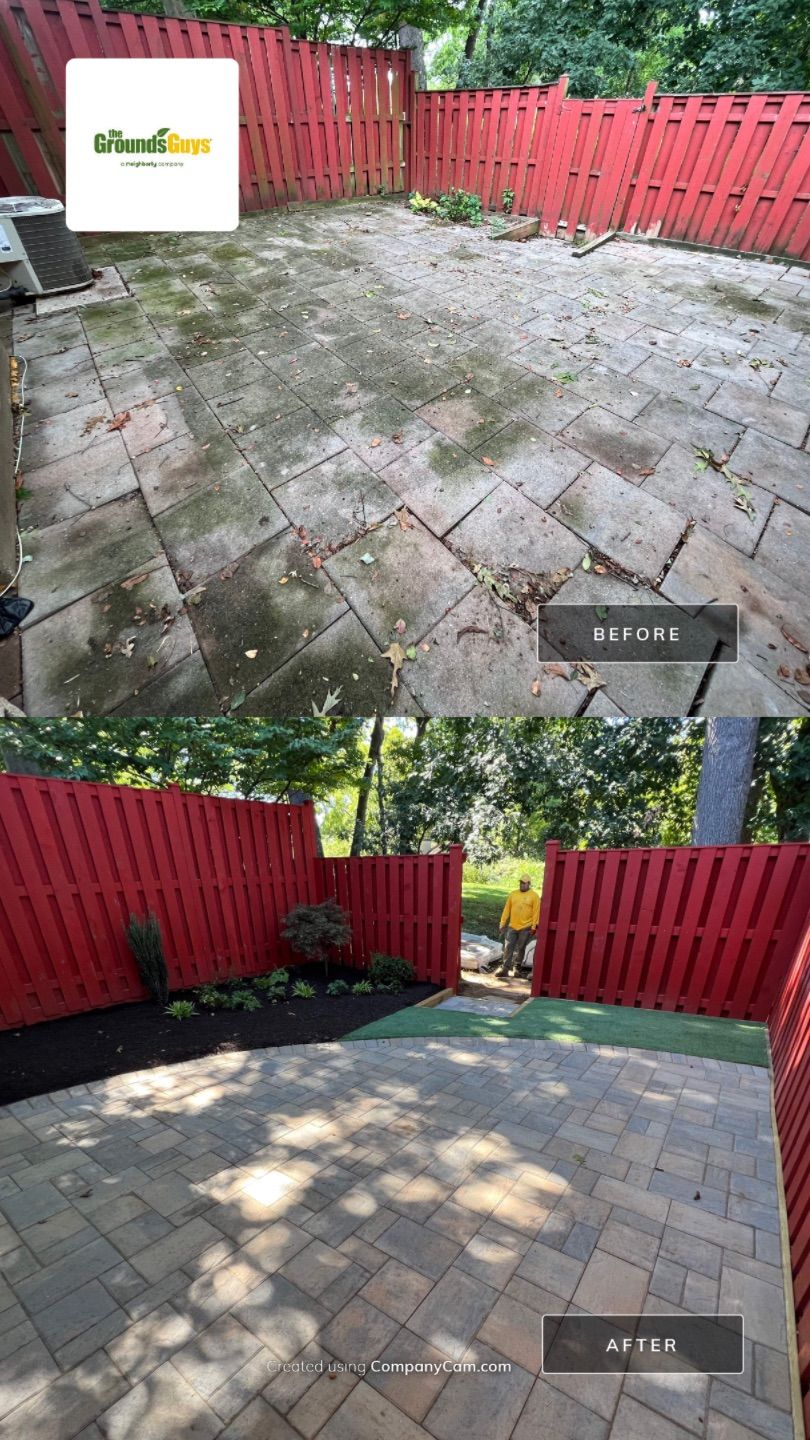 Before and After pictures of a townhome backyard overhaul transformation.