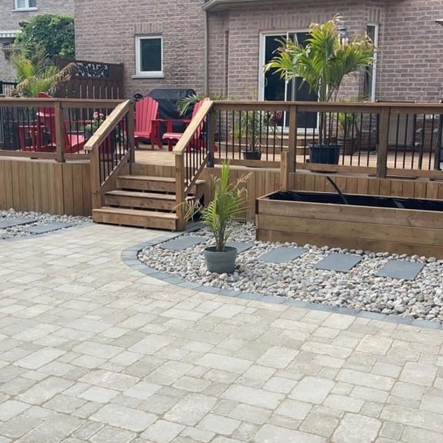 Wooden stairway and outdoor landscaping