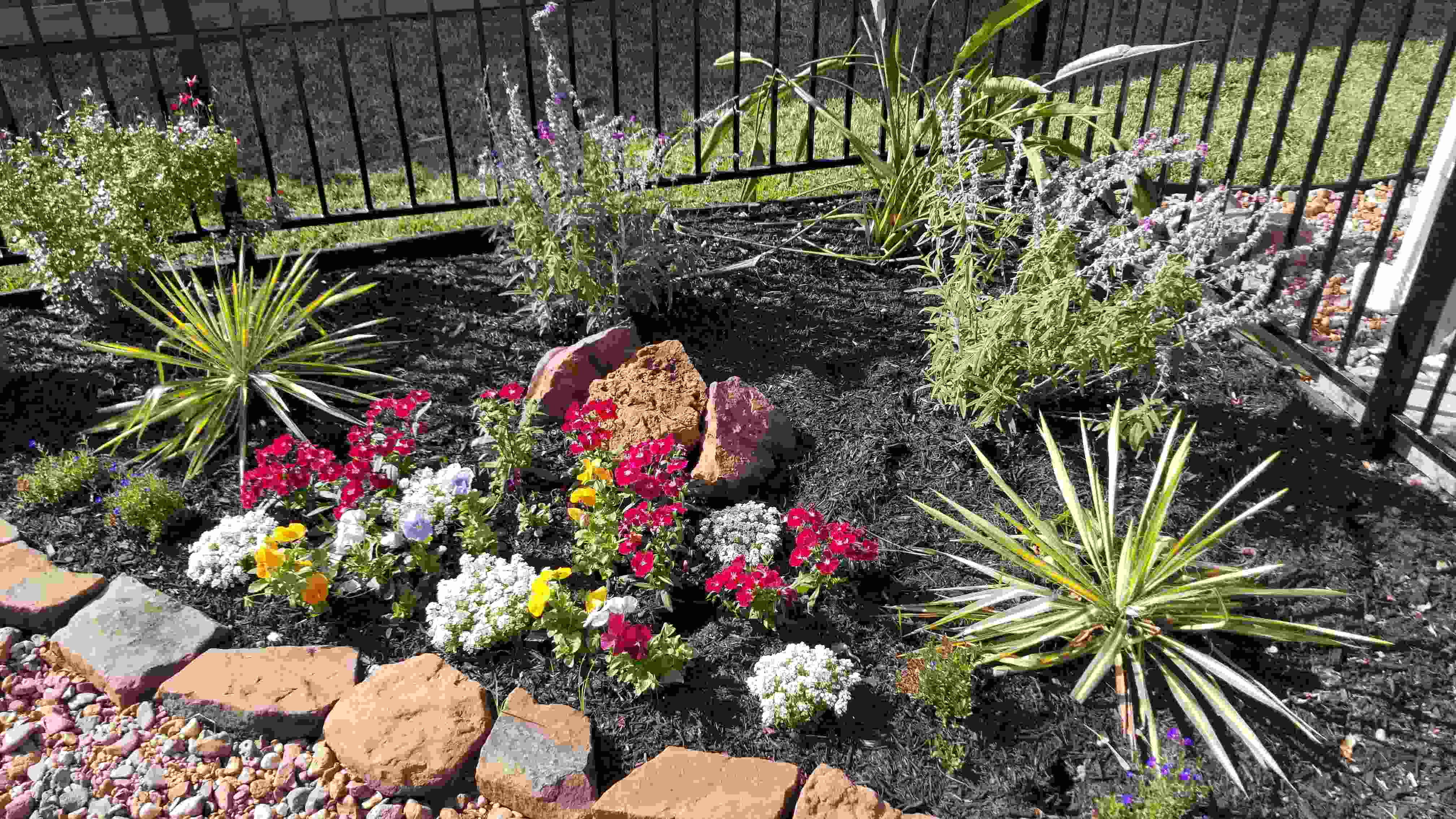 flower bed with stone rim 