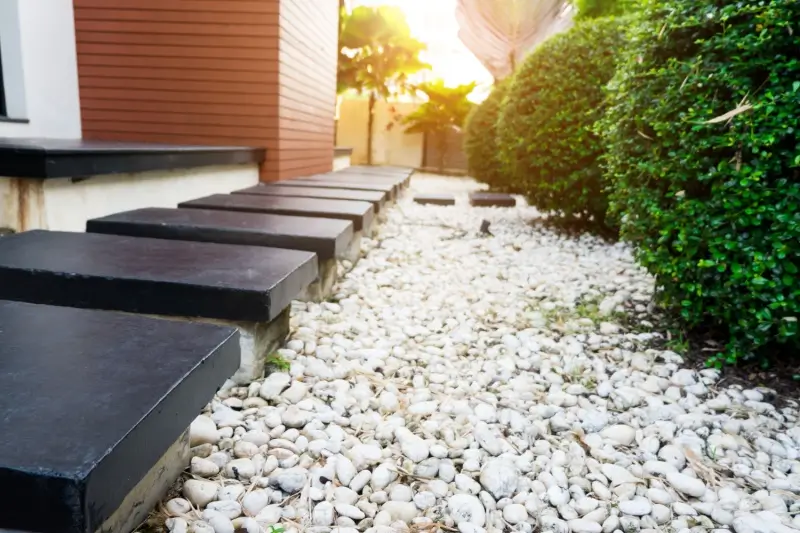 Plant bed with pea gravel mulching and a stone pathway. 