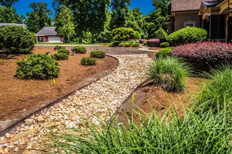 River rock pathway in residential front yard. 