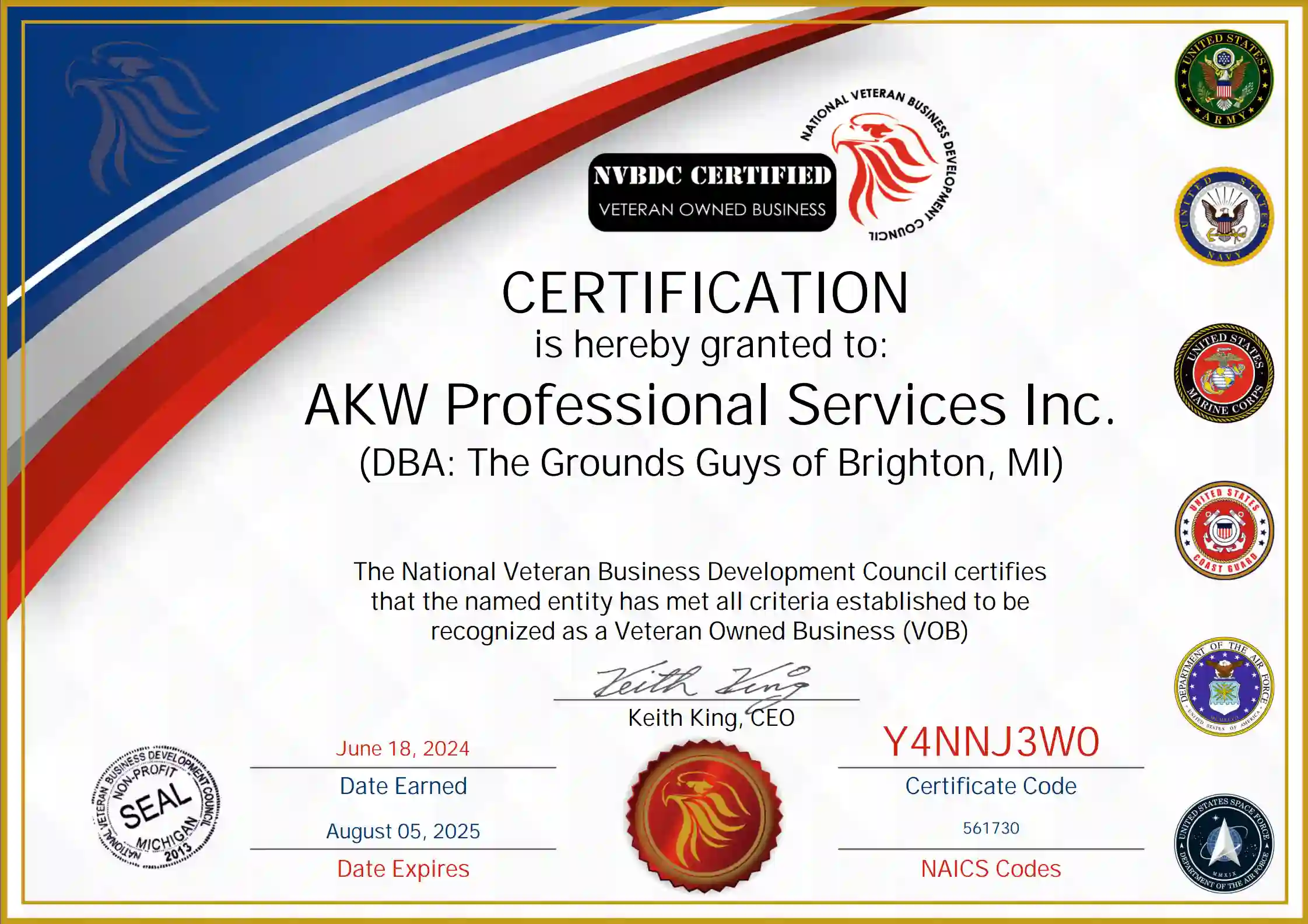 Certificate of Veteran Owned Business with logos and details for AKW Professional Services Inc.