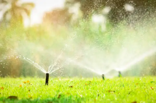 Automatic sprinklers watering grass.