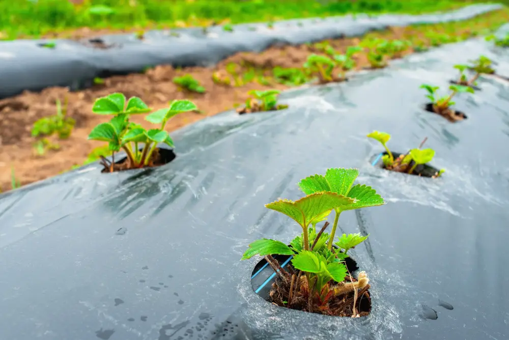 Strawberry plants protected by row covers.
