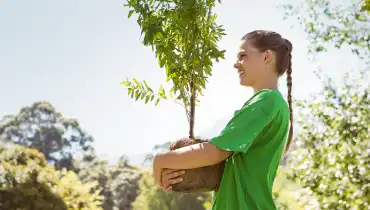 Girl smiling and wrapping arms around small tree to be planted.