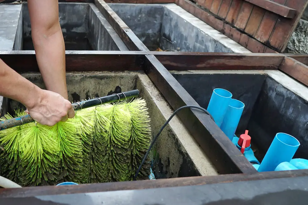 Person changing filter in a koi pond