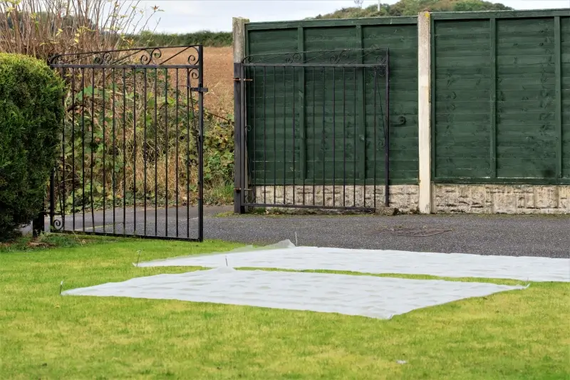 Protective netting on areas of grass treated for lawn grubs.