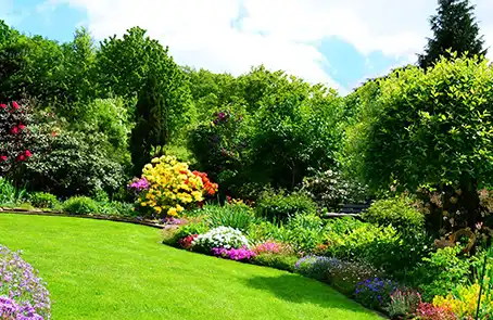 A well-landscaped backyard, with green lawn lined with bushes, trees, and flowers.