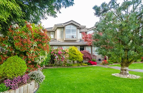 Well-manicured lawn in front yard of home with flowers, bushes, and trees installed.